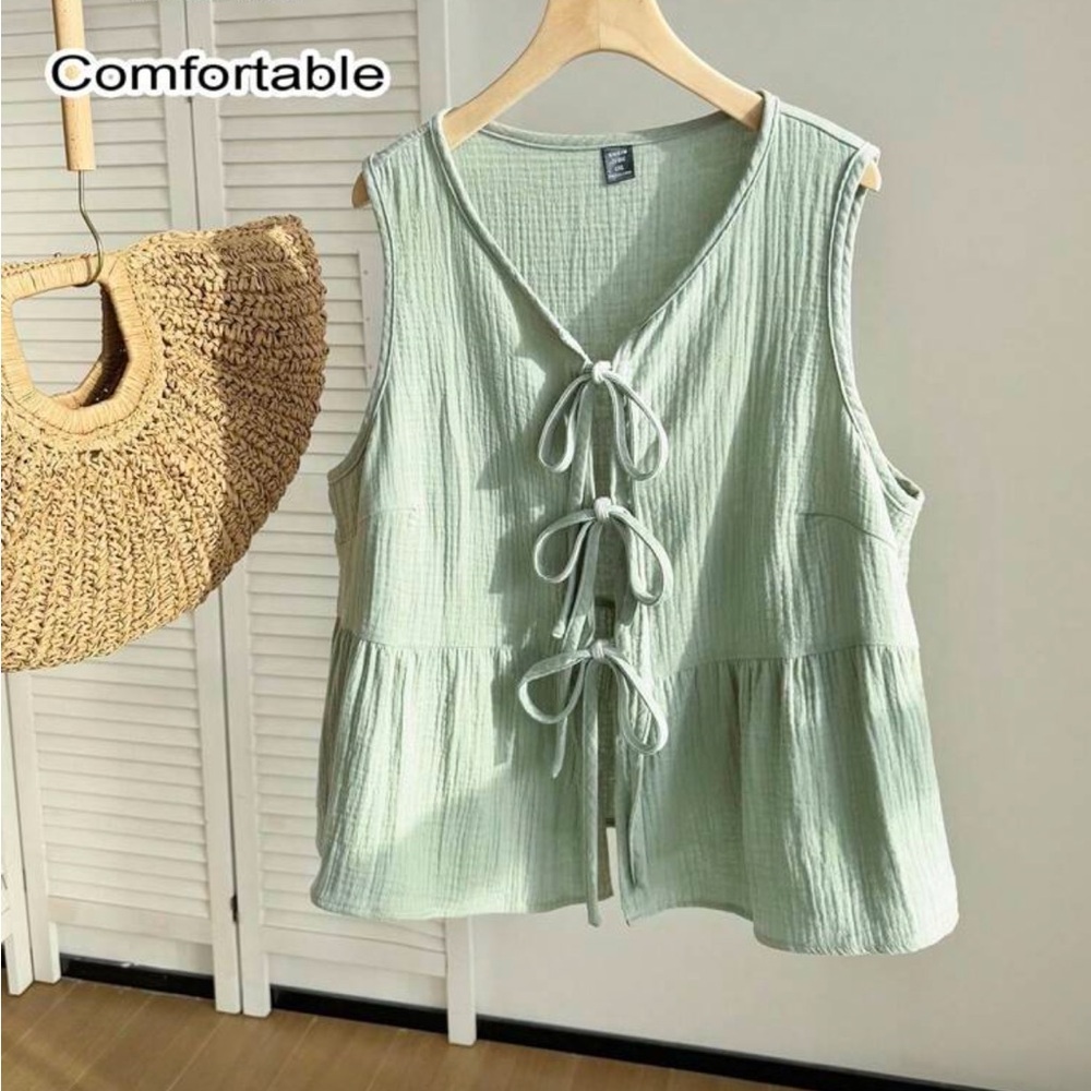 Light Green Tie-Front Sleeveless Top